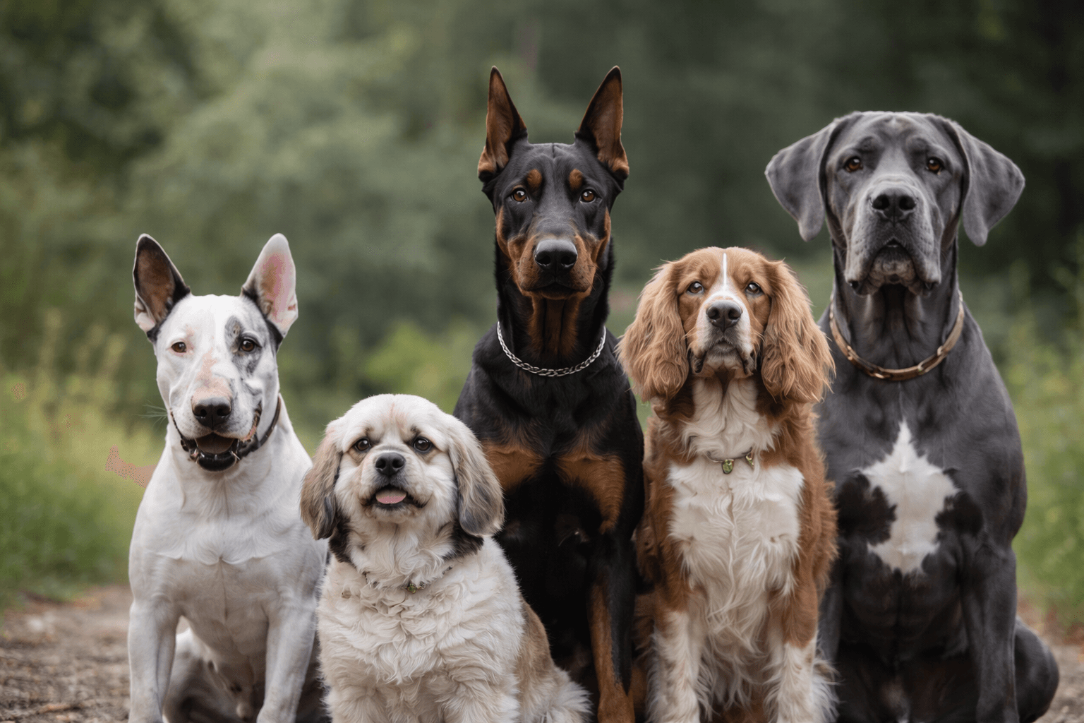 Five dogs of different breeds posed in a forest setting