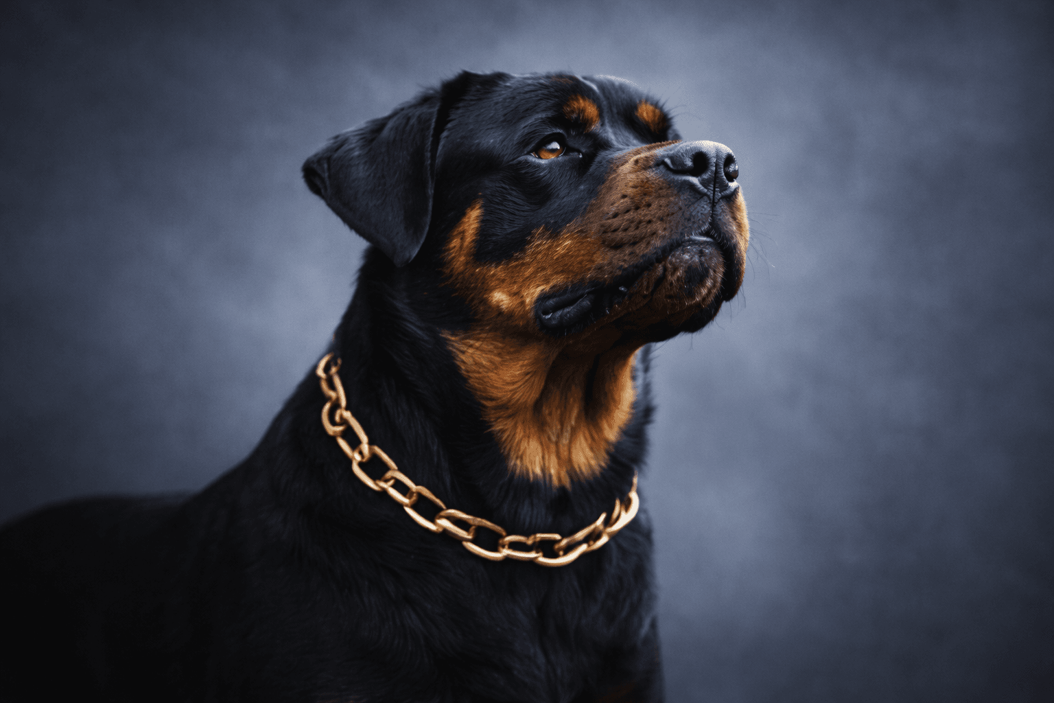A Rottweiler in profile with a gold chain collar