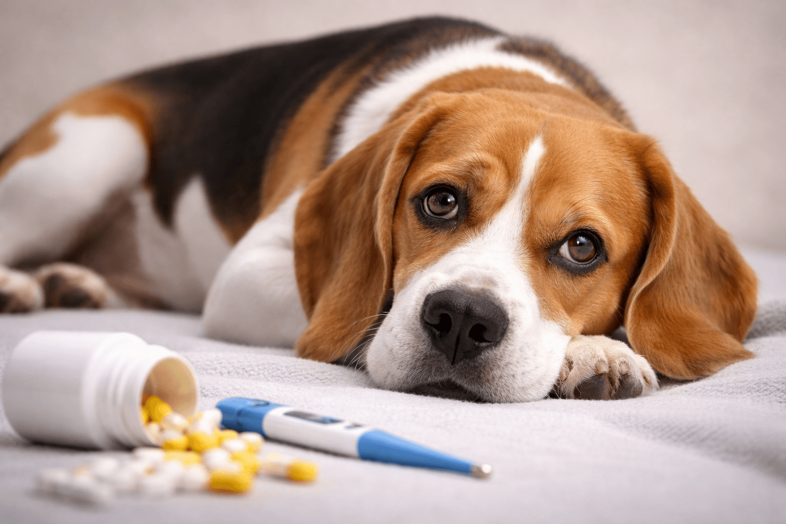 A beagle resting with a thermometer and pill bottle nearby