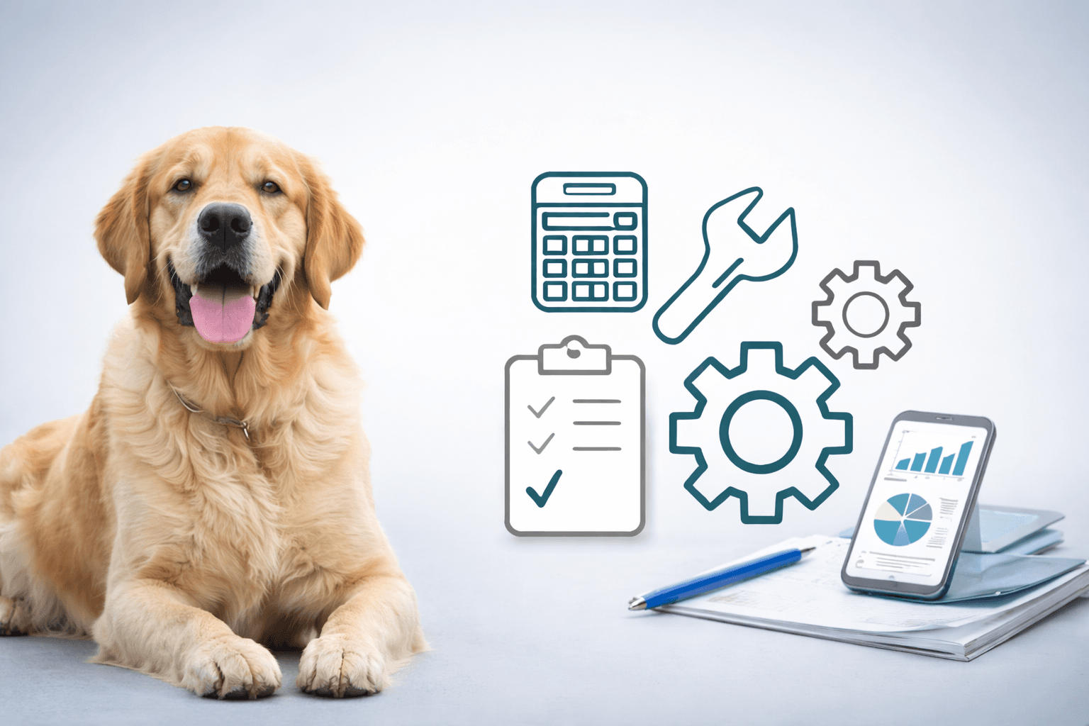 A golden retriever next to icons representing dog owner tools